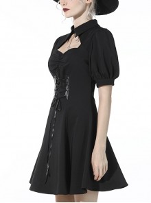Gothic Style Exquisite Lapel Chest Hollow Silver Star Pendant Waist Strap Black Puff Sleeve Dress
