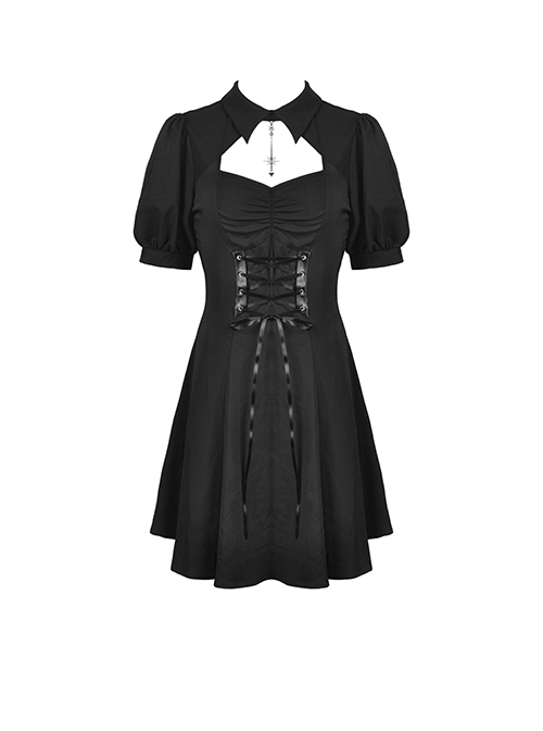 Gothic Style Exquisite Lapel Chest Hollow Silver Star Pendant Waist Strap Black Puff Sleeve Dress
