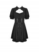 Gothic Style Exquisite Lapel Chest Hollow Silver Star Pendant Waist Strap Black Puff Sleeve Dress