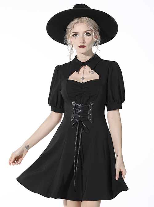 Gothic Style Exquisite Lapel Chest Hollow Silver Star Pendant Waist Strap Black Puff Sleeve Dress