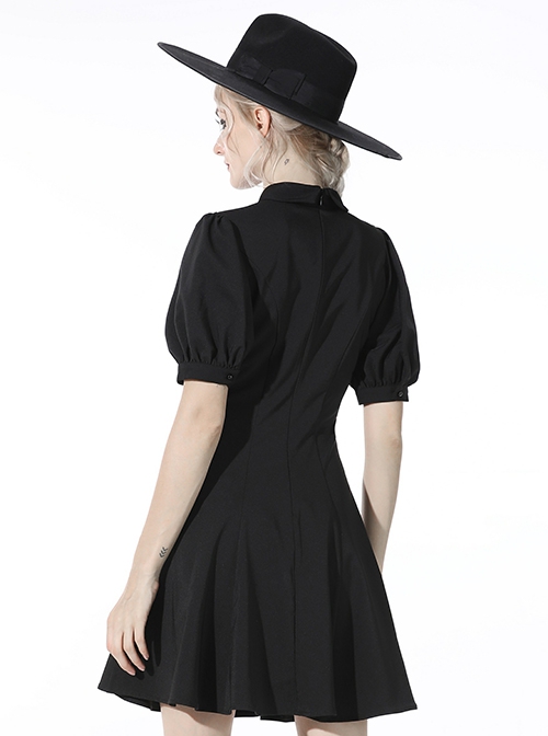 Gothic Style Exquisite Lapel Chest Hollow Silver Star Pendant Waist Strap Black Puff Sleeve Dress