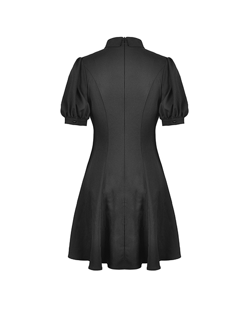 Gothic Style Exquisite Lapel Chest Hollow Silver Star Pendant Waist Strap Black Puff Sleeve Dress