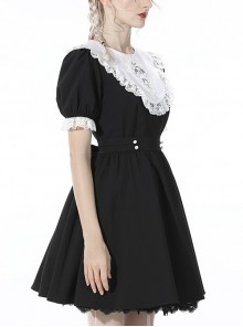 Gothic Style Cute White Lace Splicing Neckline Retro Puff Sleeves Black Exquisite Doll Dress