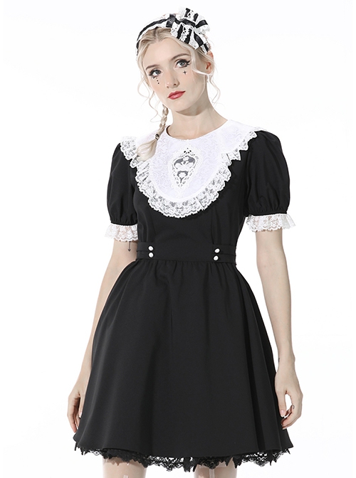 Gothic Style Cute White Lace Splicing Neckline Retro Puff Sleeves Black Exquisite Doll Dress
