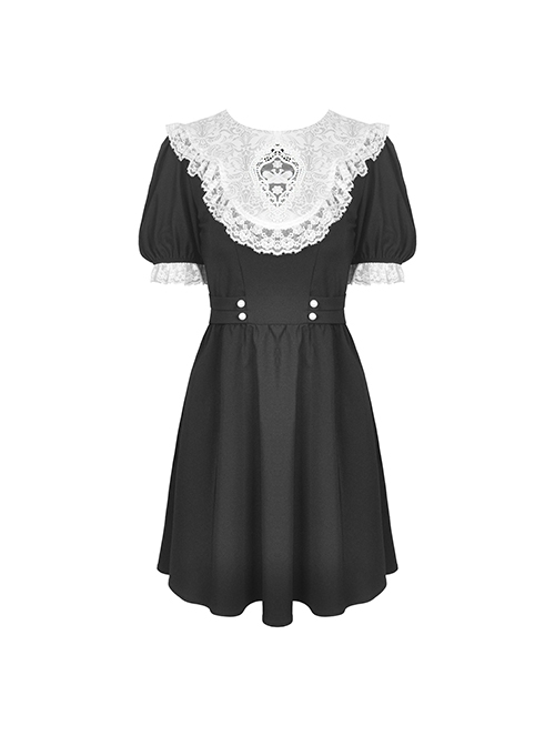 Gothic Style Cute White Lace Splicing Neckline Retro Puff Sleeves Black Exquisite Doll Dress