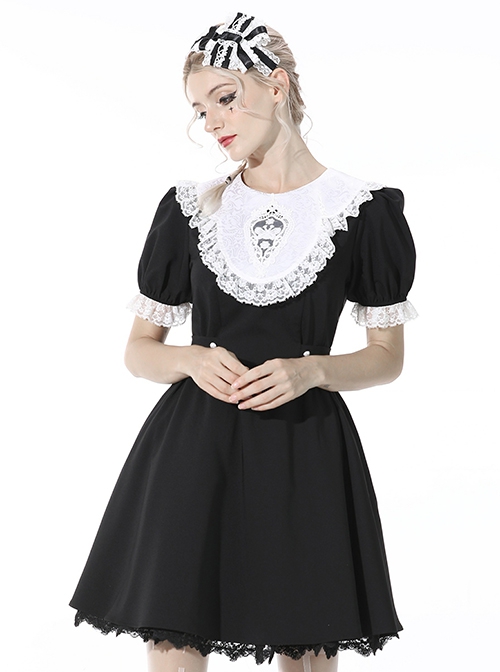 Gothic Style Cute White Lace Splicing Neckline Retro Puff Sleeves Black Exquisite Doll Dress