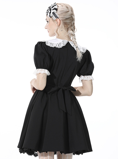 Gothic Style Cute White Lace Splicing Neckline Retro Puff Sleeves Black Exquisite Doll Dress