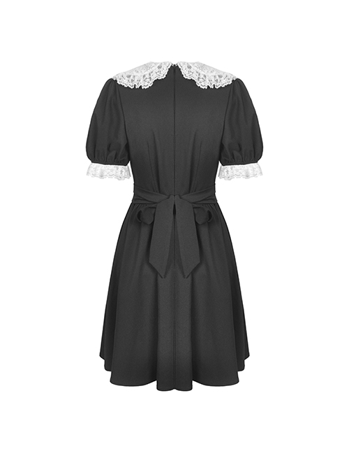 Gothic Style Cute White Lace Splicing Neckline Retro Puff Sleeves Black Exquisite Doll Dress