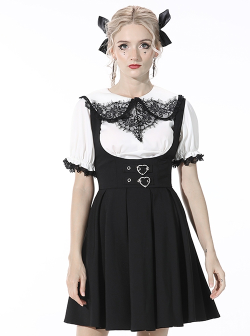 Gothic Style Cute Love Metal Buckle Daily College Style Black Slim Fit Suspender Pleated Skirt