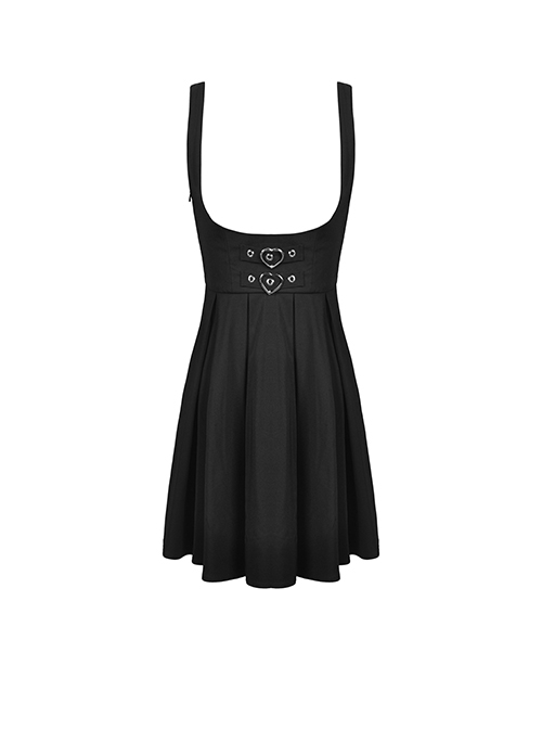 Gothic Style Cute Love Metal Buckle Daily College Style Black Slim Fit Suspender Pleated Skirt