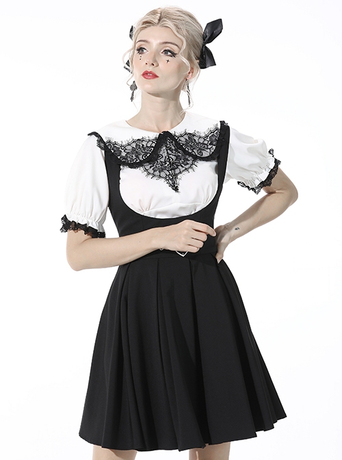 Gothic Style Cute Love Metal Buckle Daily College Style Black Slim Fit Suspender Pleated Skirt