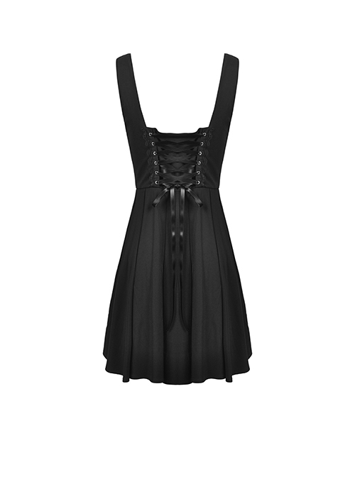 Gothic Style Cute Love Metal Buckle Daily College Style Black Slim Fit Suspender Pleated Skirt