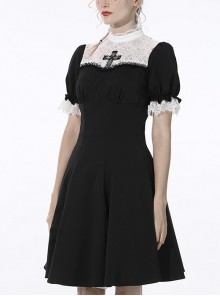 Dark Style Nun Style Stand Collar White Lace Spliced Hem Retro Puff Sleeves Black Slim Dress