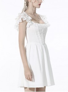 Gothic Style Elegant Square Collar Pearl Cross Embellished Backless Lace Suspender White Cotton Short Dress