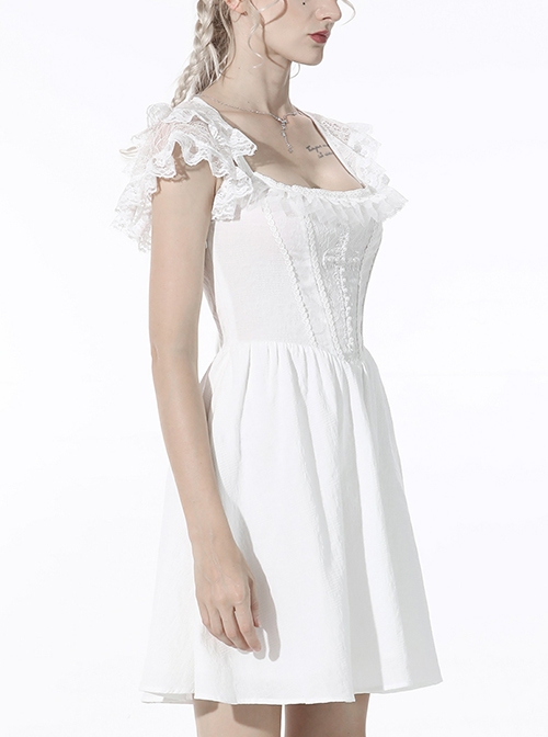 Gothic Style Elegant Square Collar Pearl Cross Embellished Backless Lace Suspender White Cotton Short Dress