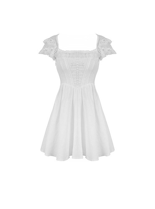 Gothic Style Elegant Square Collar Pearl Cross Embellished Backless Lace Suspender White Cotton Short Dress