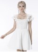 Gothic Style Elegant Square Collar Pearl Cross Embellished Backless Lace Suspender White Cotton Short Dress