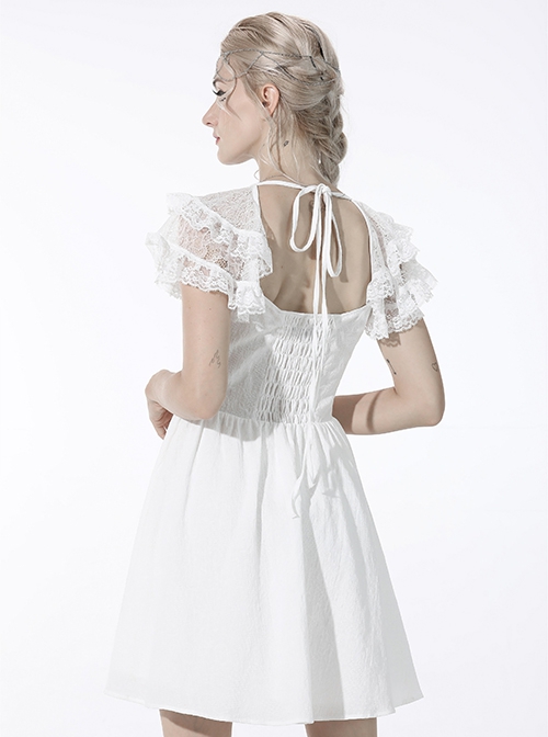 Gothic Style Elegant Square Collar Pearl Cross Embellished Backless Lace Suspender White Cotton Short Dress