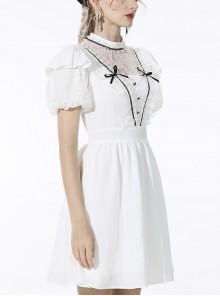 Gothic Style Sweet Heart Button Lace Splicing Retro Palace Stand Collar Puff Sleeves White Slim Dress