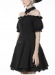 Gothic Style Lapel Halterneck Ribbon Straps Embroidered Lace Splicing Hem Sexy Off Shoulder Black Dress