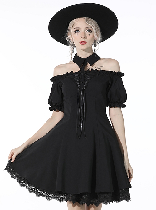 Gothic Style Lapel Halterneck Ribbon Straps Embroidered Lace Splicing Hem Sexy Off Shoulder Black Dress