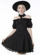 Gothic Style Lapel Halterneck Ribbon Straps Embroidered Lace Splicing Hem Sexy Off Shoulder Black Dress