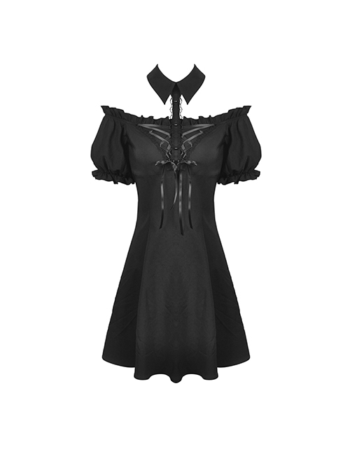 Gothic Style Lapel Halterneck Ribbon Straps Embroidered Lace Splicing Hem Sexy Off Shoulder Black Dress
