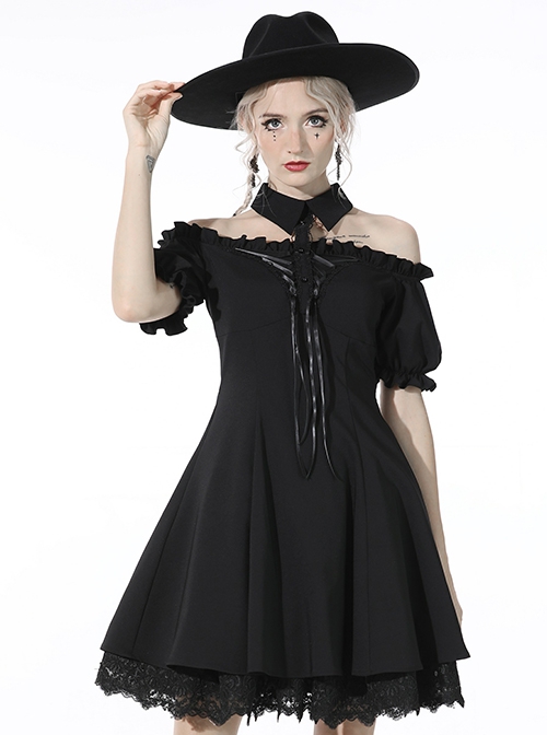 Gothic Style Lapel Halterneck Ribbon Straps Embroidered Lace Splicing Hem Sexy Off Shoulder Black Dress