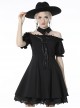 Gothic Style Lapel Halterneck Ribbon Straps Embroidered Lace Splicing Hem Sexy Off Shoulder Black Dress