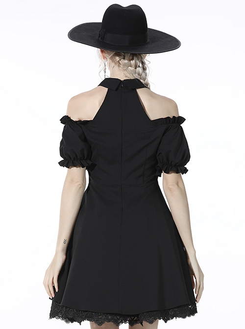 Gothic Style Lapel Halterneck Ribbon Straps Embroidered Lace Splicing Hem Sexy Off Shoulder Black Dress