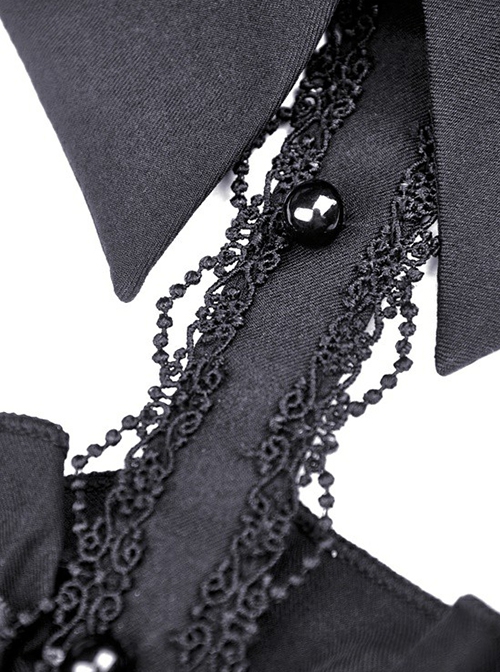 Gothic Style Lapel Halterneck Ribbon Straps Embroidered Lace Splicing Hem Sexy Off Shoulder Black Dress