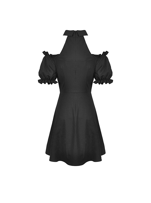 Gothic Style Lapel Halterneck Ribbon Straps Embroidered Lace Splicing Hem Sexy Off Shoulder Black Dress