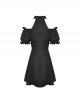 Gothic Style Lapel Halterneck Ribbon Straps Embroidered Lace Splicing Hem Sexy Off Shoulder Black Dress
