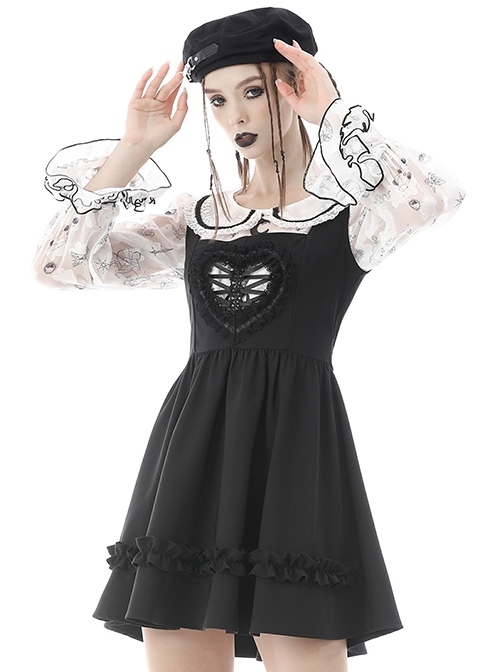 Gothic Style Sweet Lace Heart Shape Hollow Strap Black Daily Suspender Doll Dress