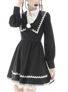 Gothic Style Lace Spliced Lapel Exquisite Bowknot Flower Decoration Black And White Fake Two Pieces Dress