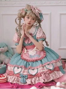 Cake Party Series Pink Green Gorgeous Doll Collar Ruffles Heart Bowknot Apron Polka Dots Sweet Lolita Puff Sleeve Dress Hat Set