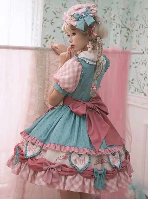 Cake Party Series Pink Green Gorgeous Doll Collar Ruffles Heart Bowknot Apron Polka Dots Sweet Lolita Puff Sleeve Dress Hat Set