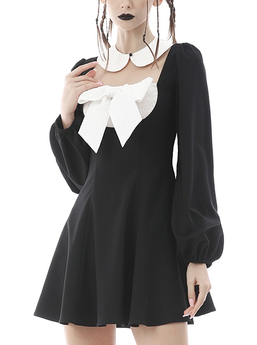 Gothic Style Cute White Doll Collar Big Bowknot Daily Black Lantern Sleeves Slim Dress