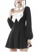 Gothic Style Cute White Doll Collar Big Bowknot Daily Black Lantern Sleeves Slim Dress