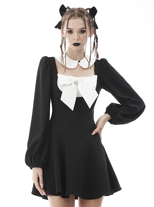 Gothic Style Cute White Doll Collar Big Bowknot Daily Black Lantern Sleeves Slim Dress