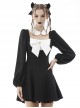 Gothic Style Cute White Doll Collar Big Bowknot Daily Black Lantern Sleeves Slim Dress