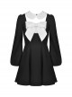 Gothic Style Cute White Doll Collar Big Bowknot Daily Black Lantern Sleeves Slim Dress