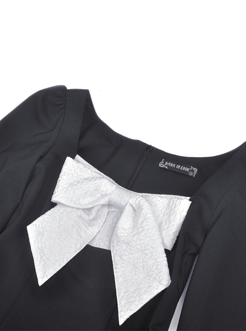 Gothic Style Cute White Doll Collar Big Bowknot Daily Black Lantern Sleeves Slim Dress