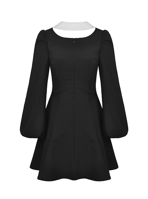 Gothic Style Cute White Doll Collar Big Bowknot Daily Black Lantern Sleeves Slim Dress