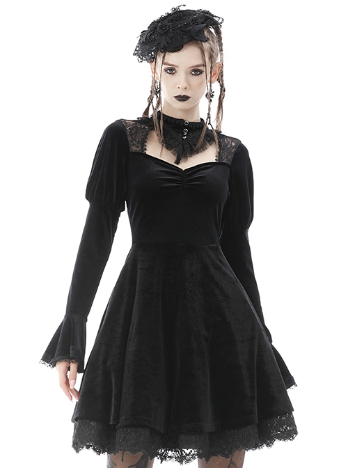 Gothic Style Elegant Stand Collar Lace Luxury Velvet Black Long Trumpet Sleeves Slim Dress