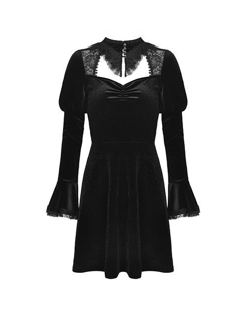 Gothic Style Elegant Stand Collar Lace Luxury Velvet Black Long Trumpet Sleeves Slim Dress