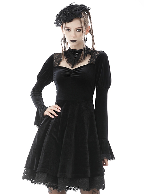 Gothic Style Elegant Stand Collar Lace Luxury Velvet Black Long Trumpet Sleeves Slim Dress