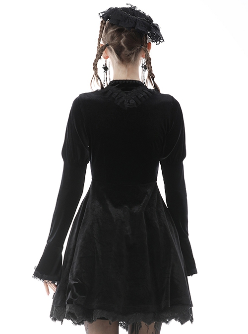 Gothic Style Elegant Stand Collar Lace Luxury Velvet Black Long Trumpet Sleeves Slim Dress