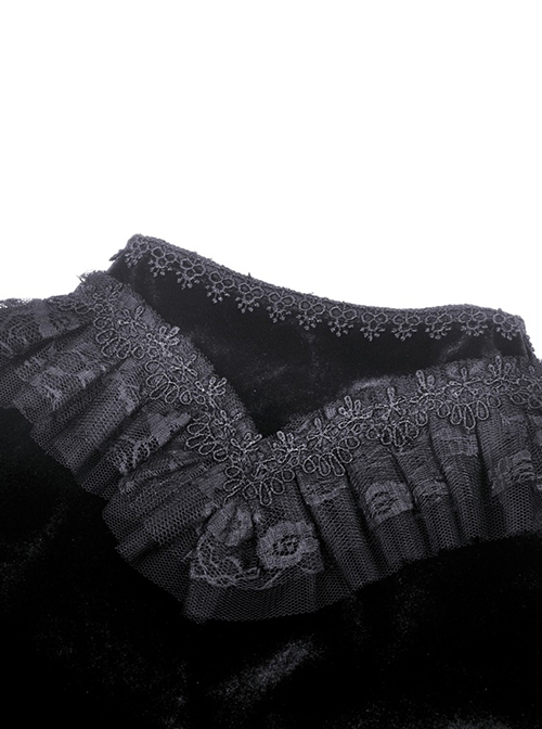Gothic Style Elegant Stand Collar Lace Luxury Velvet Black Long Trumpet Sleeves Slim Dress