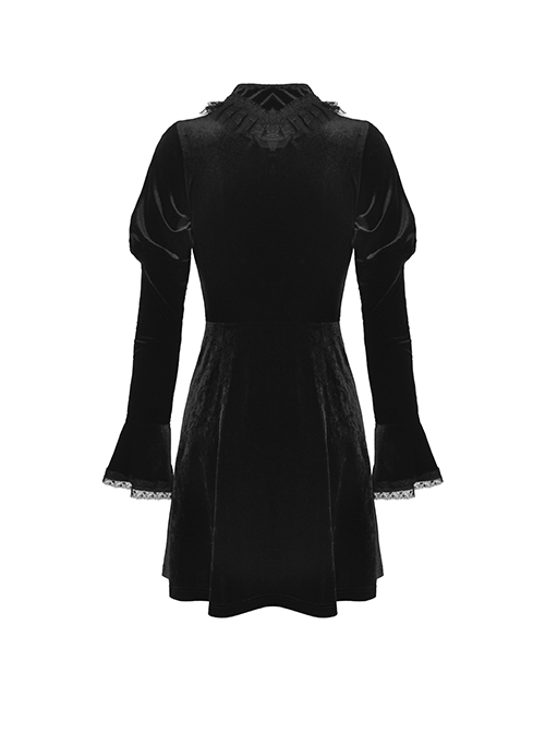 Gothic Style Elegant Stand Collar Lace Luxury Velvet Black Long Trumpet Sleeves Slim Dress